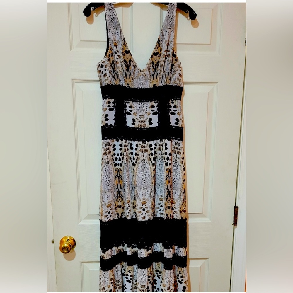 Bebe Dresses | Bebe Animal Print and Lace Maxi Dress | Color: Black |